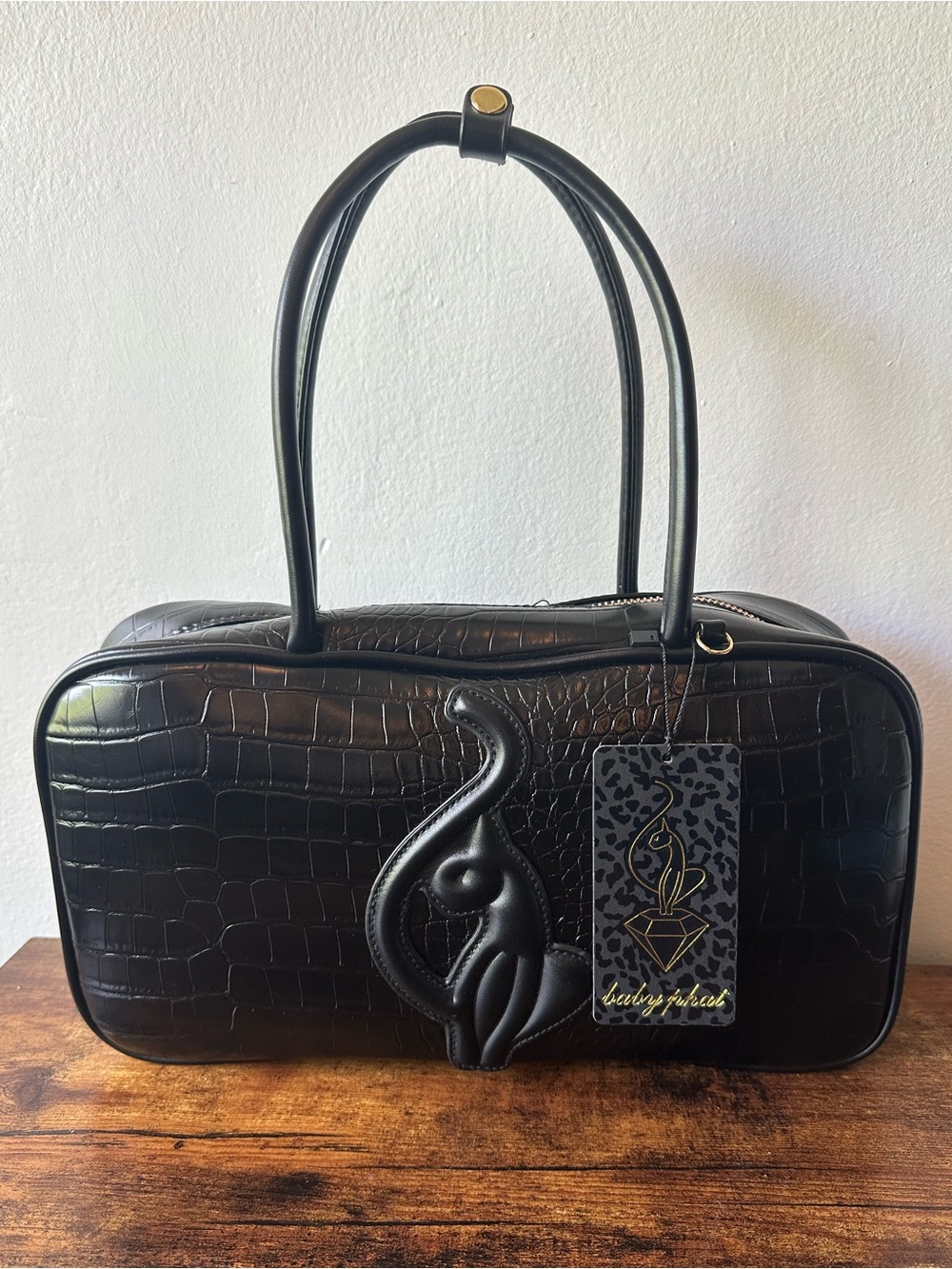 Baby Phat Black Croc-Embossed Shoulder Bag with Logo Accent & Gold Hardware NWT